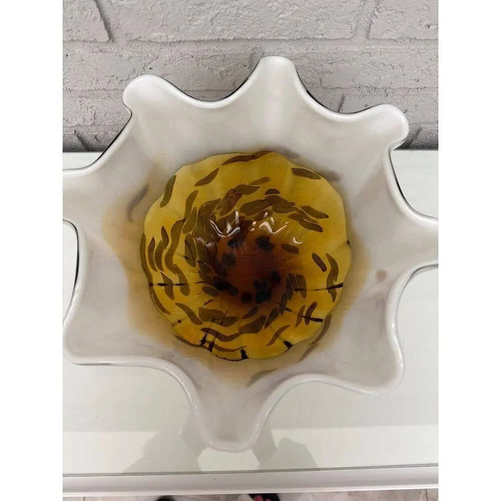 VTG Murano Art Glass White Amber Gold Flecks Large Bowl